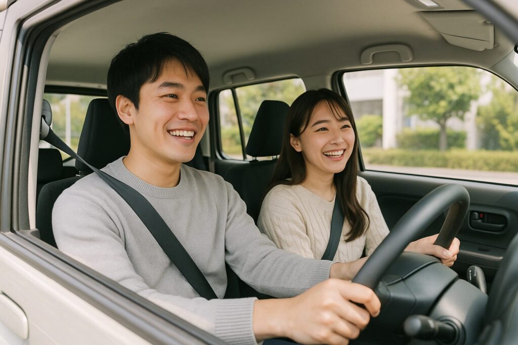 軽自動車で仲良くドライブをするカップル