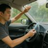 フロントガラスにUVカットフィルムを貼る男