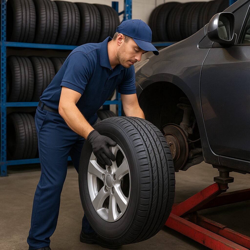 整備工場でタイヤ交換をする整備士