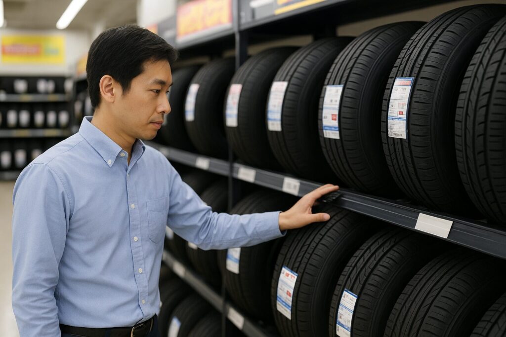 大手自動車用品店でタイヤを選ぶ男