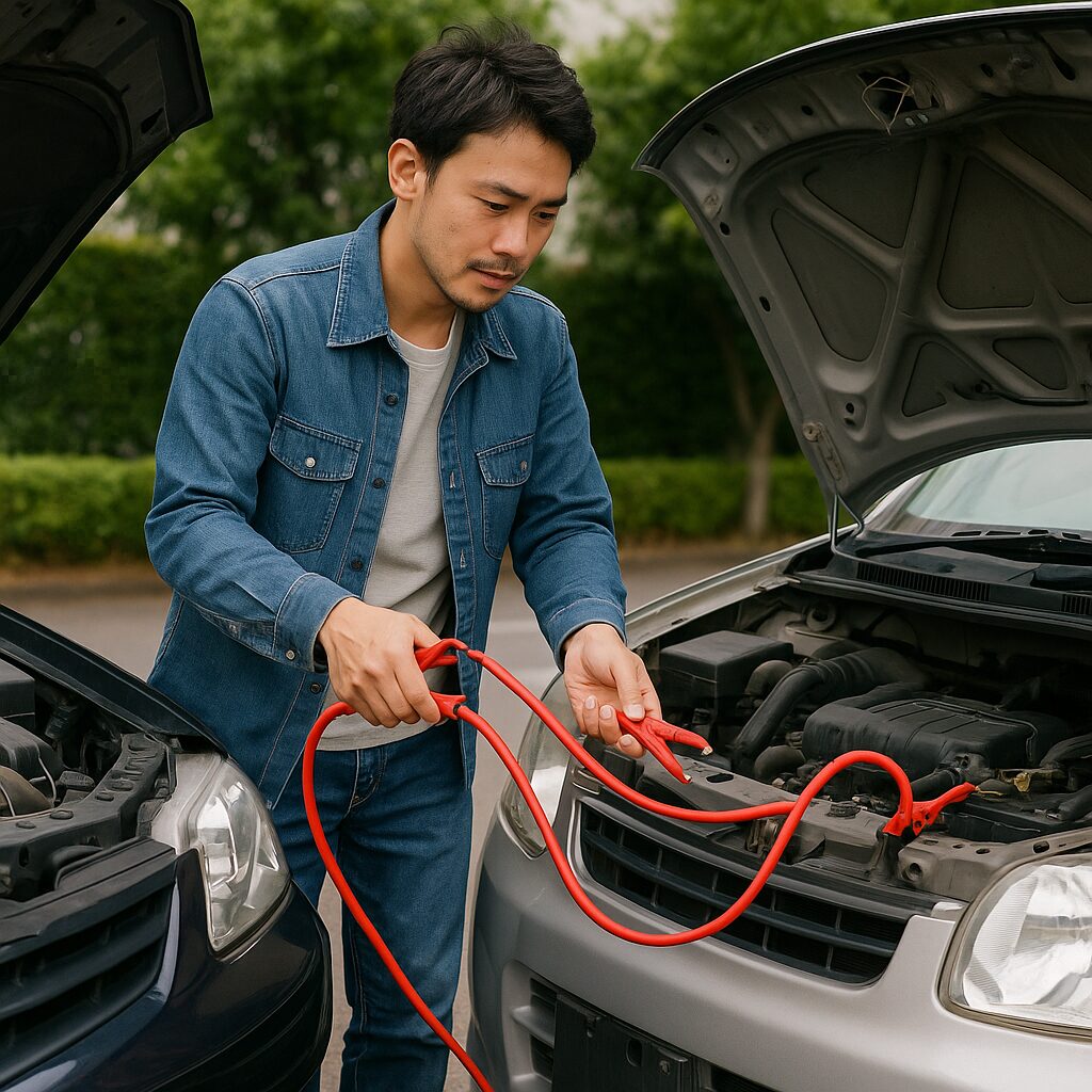 バッテリー上がりした車にブースターケーブルをつなぐ