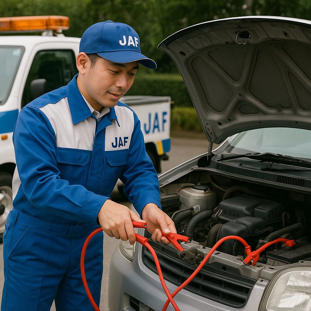 JAF整備士がバッテリー上がりした車にブースターケーブルをつなぐ