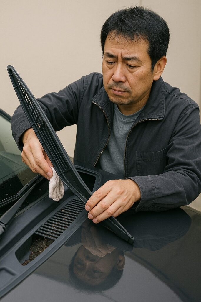 カウルトップパネルのゴミを掃除する男
