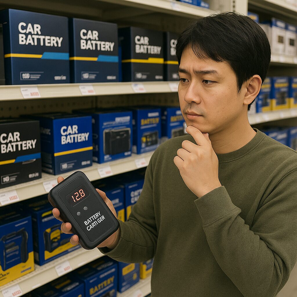 大手自動車用品店でバッテリー充電器を選ぶ男