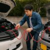 軽自動車と普通車をブースターケーブルでつなぐ男