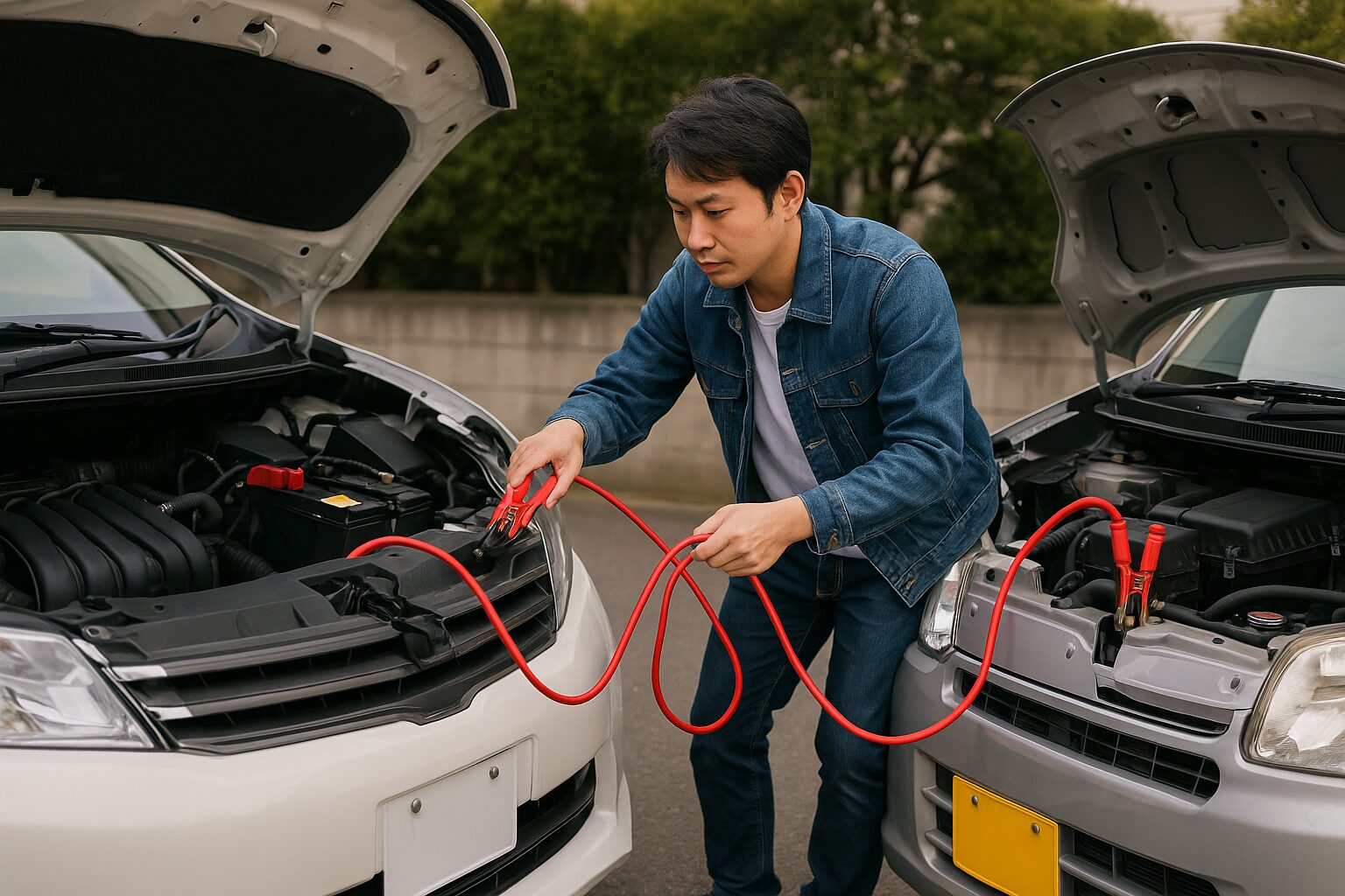 軽自動車と普通車をブースターケーブルでつなぐ男