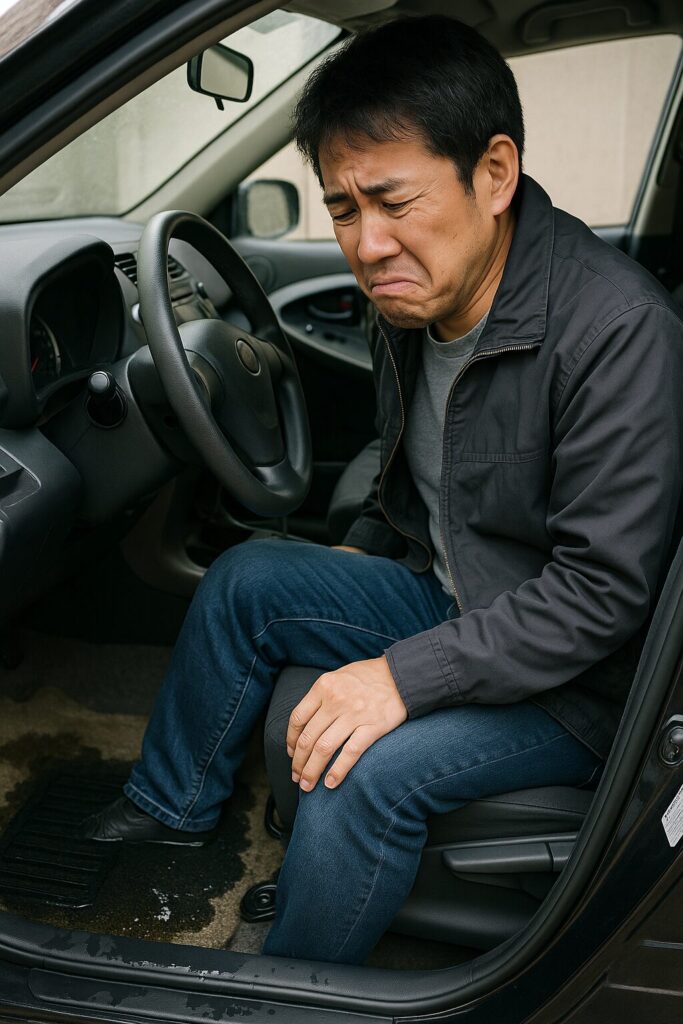 運転席の水漏れで表情を歪める男