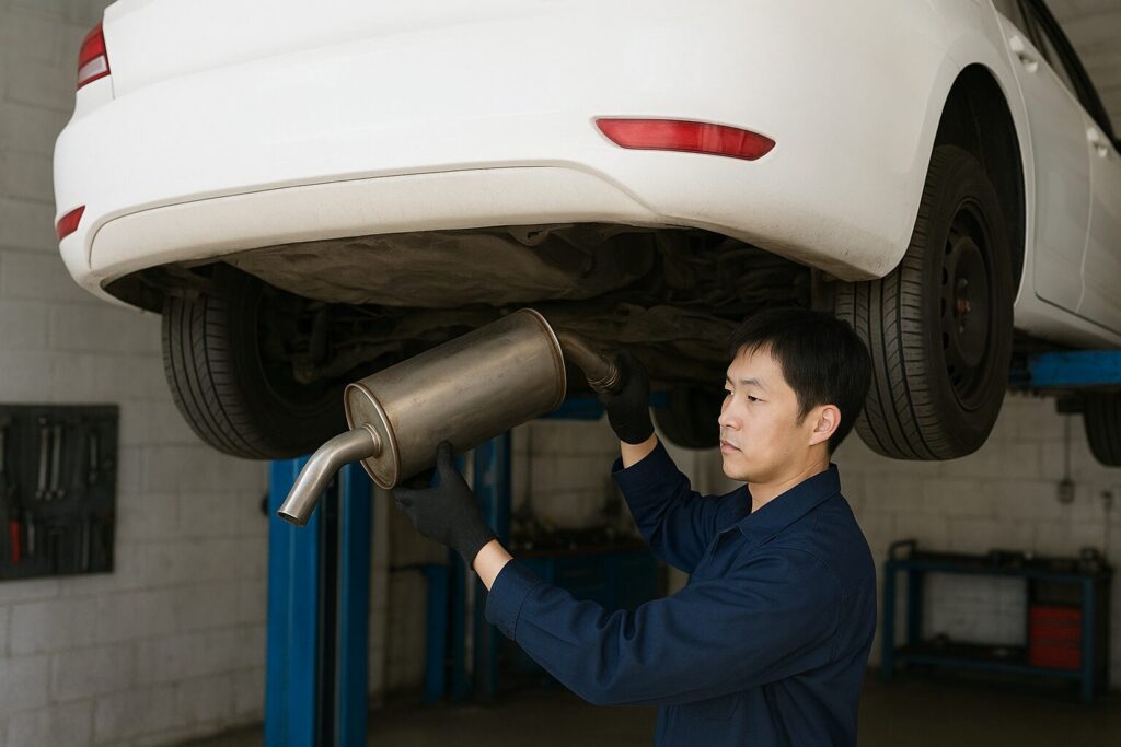 マフラーを取り外す整備士