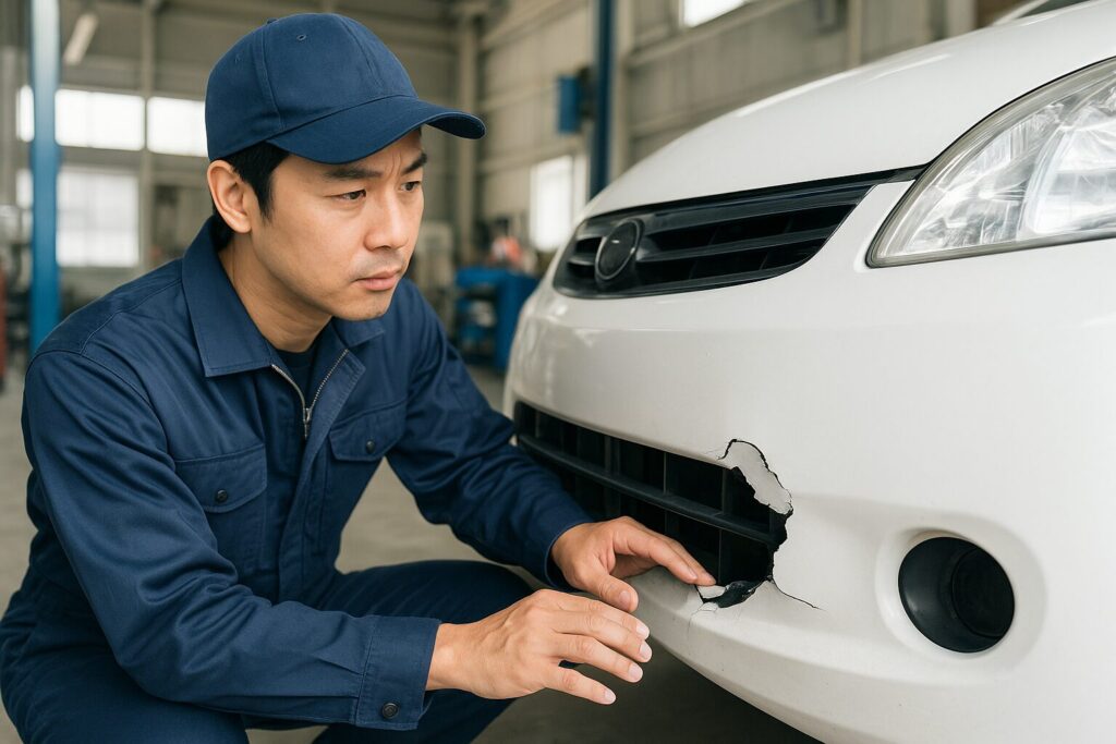 バンパーの割れを確認する整備士