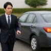 スマートキーを持って車から降りる男性
