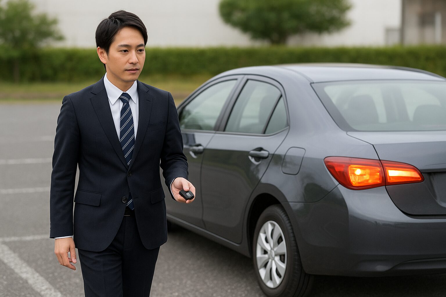 スマートキーを持って車から降りる男性
