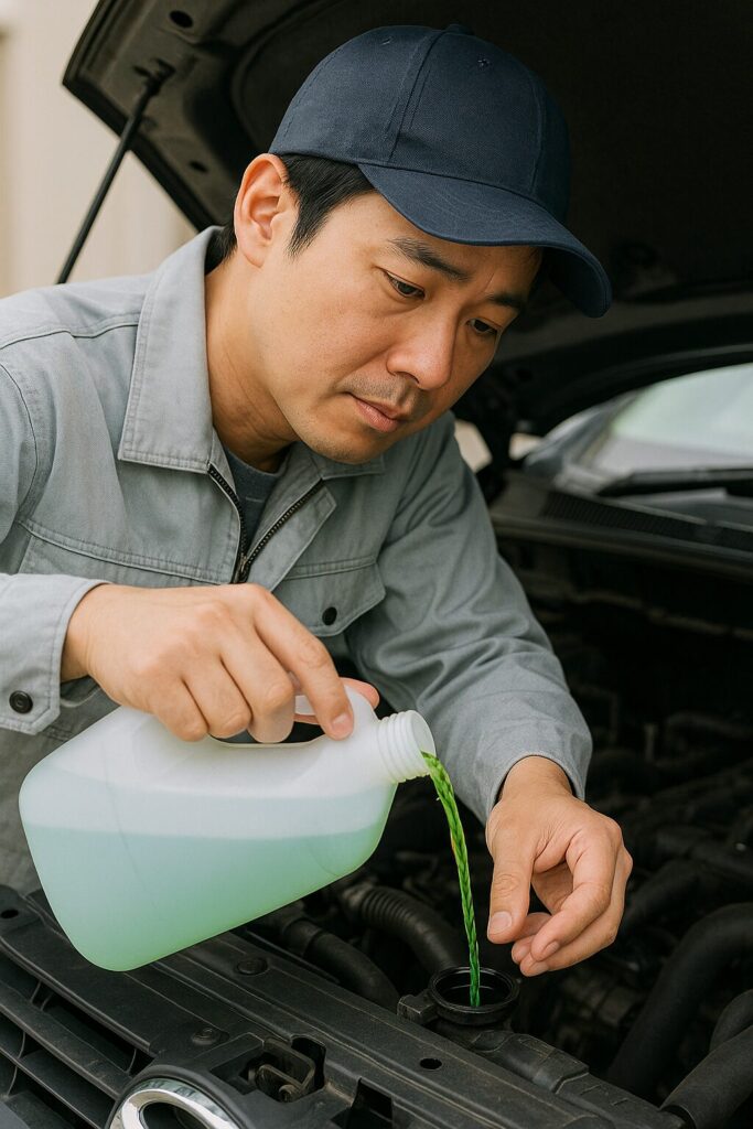 ラジエーター液を補充する整備士