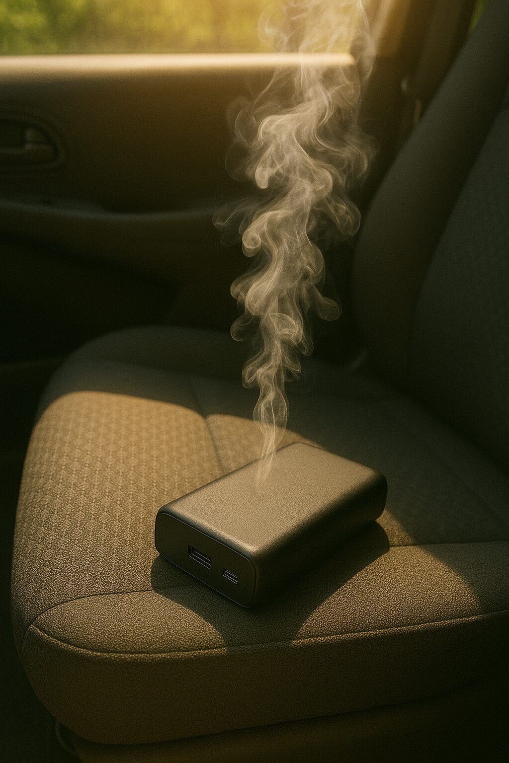 車の席に置かれたモバイルバッテリーから煙が出ている