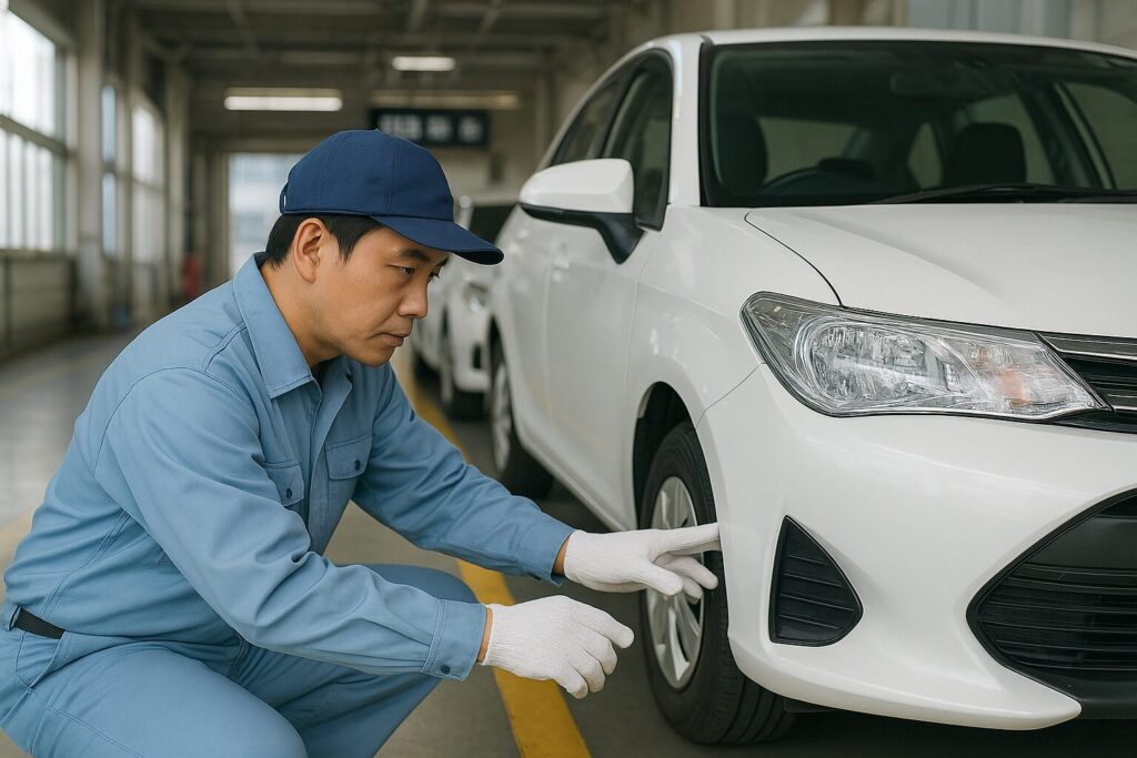 車検場でバンパーを確認する検査官