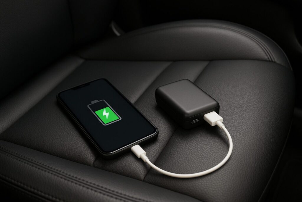 車の席の上に置かれたモバイルバッテリーからスマホに充電する