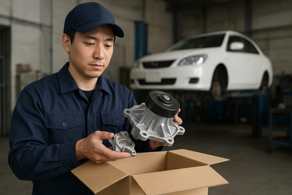 新品のウォーターポンプを取り付ける整備士