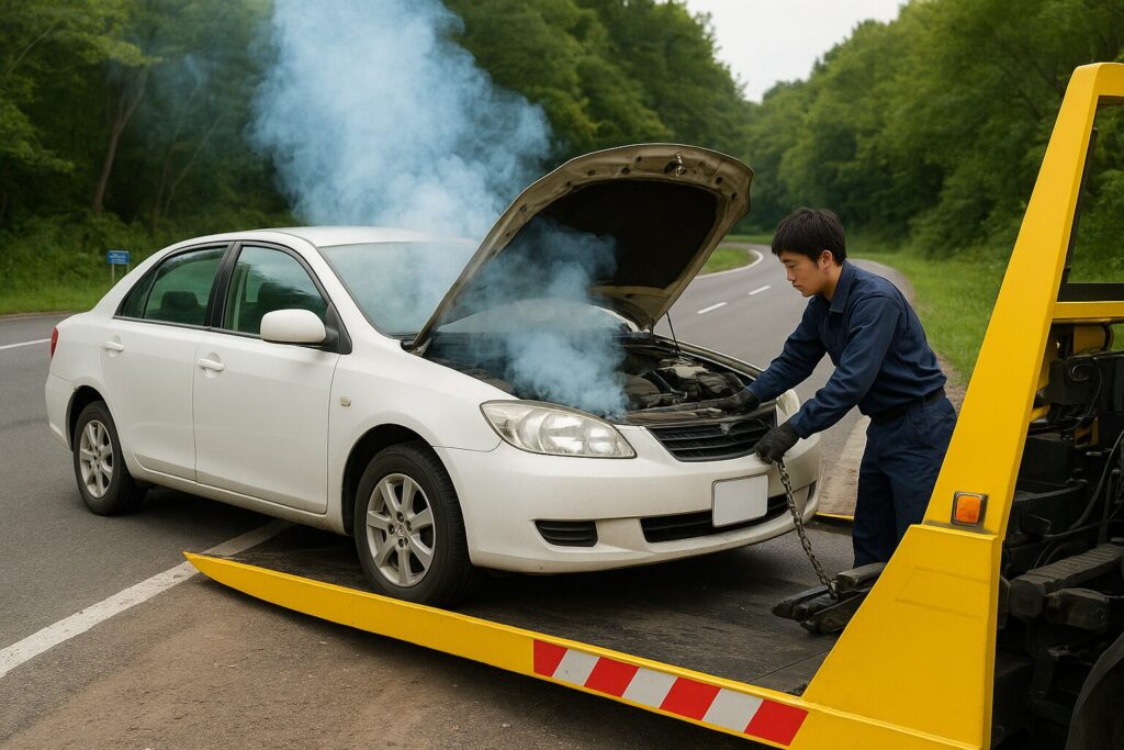故障した車を車載車に積み込む