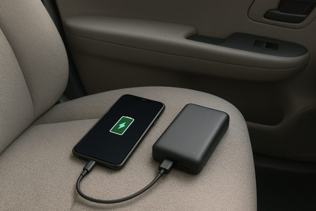 車の席に置かれたモバイルバッテリーからスマホに充電している