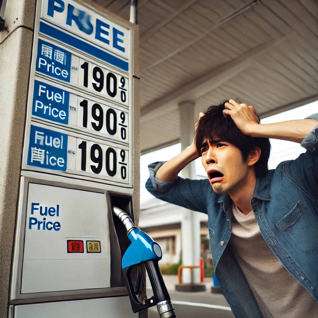 ガソリンの値上げに頭をかかえる男