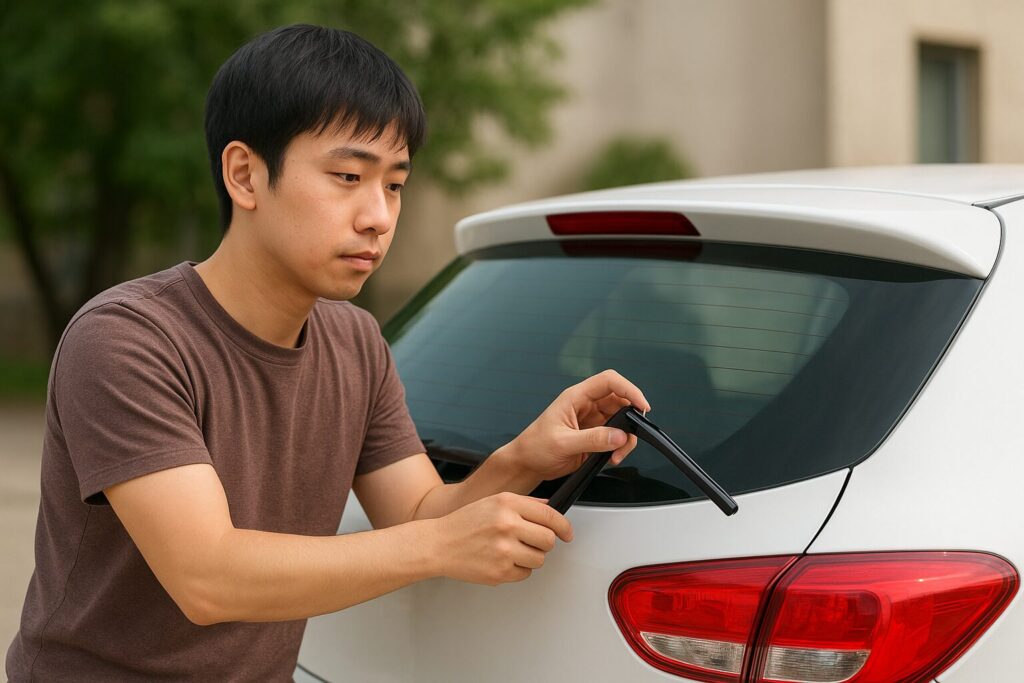 リアワイパーを外す作業をしている男