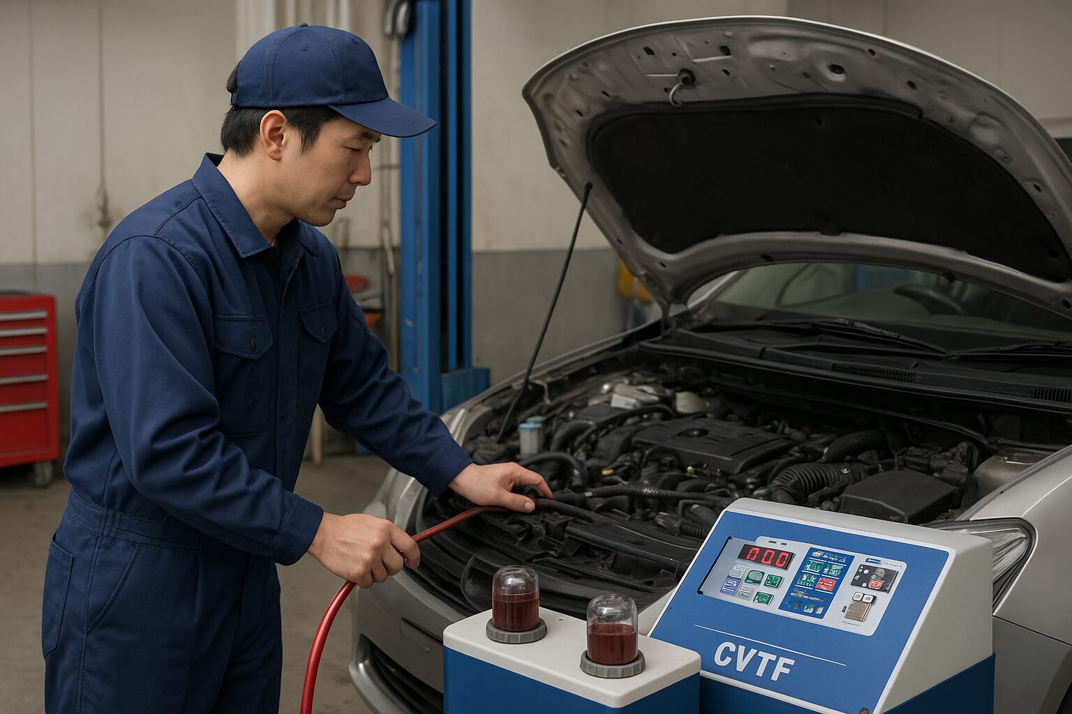 cvt交換機でオイルを考案している整備士