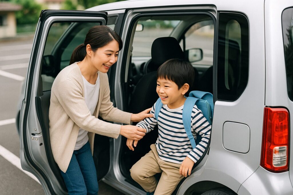 軽自動車の後部座席から子供を下ろす母親
