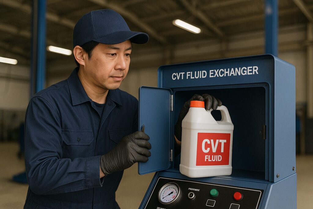 ミッションオイル交換機にオイルを設置する整備士