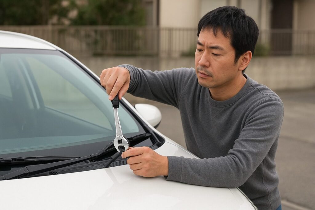 サビたワイパーを取り外す男