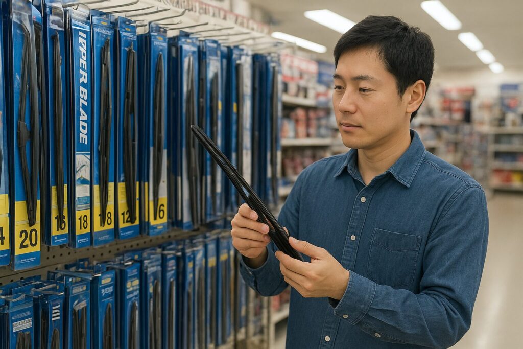 大手カーショップでワイパーを選ぶ男