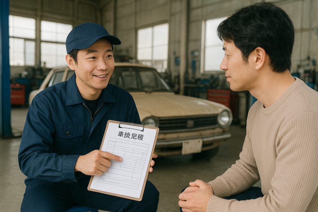 車検の見積書を見せる整備士