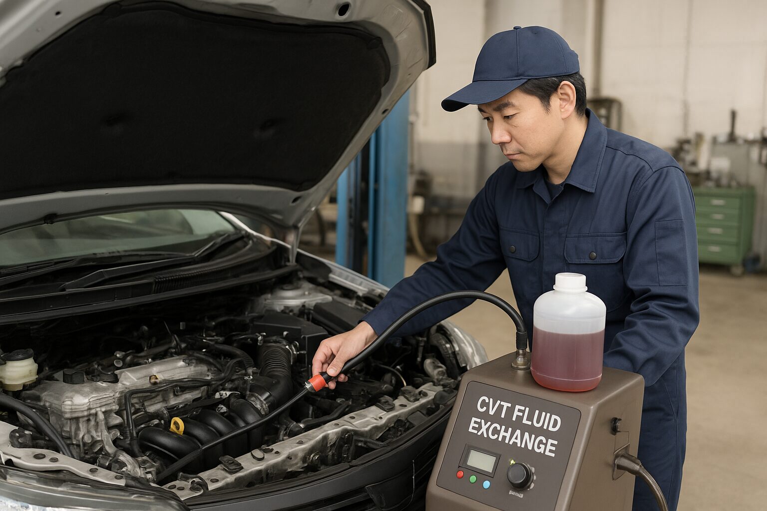 ミッションオイル交換機でオイル交換する整備士