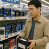 大手カー用品店でバッテリーを選ぶ男