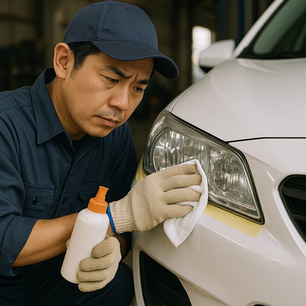 布に研磨剤を付けてヘッドライトを磨く