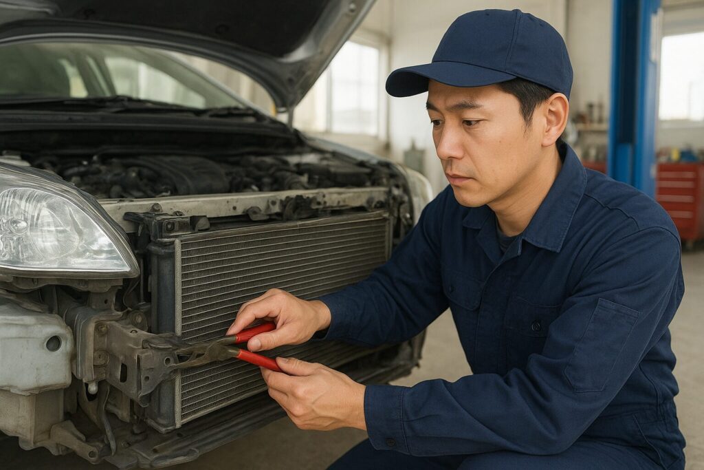 ラジエターフィンを修正する整備士