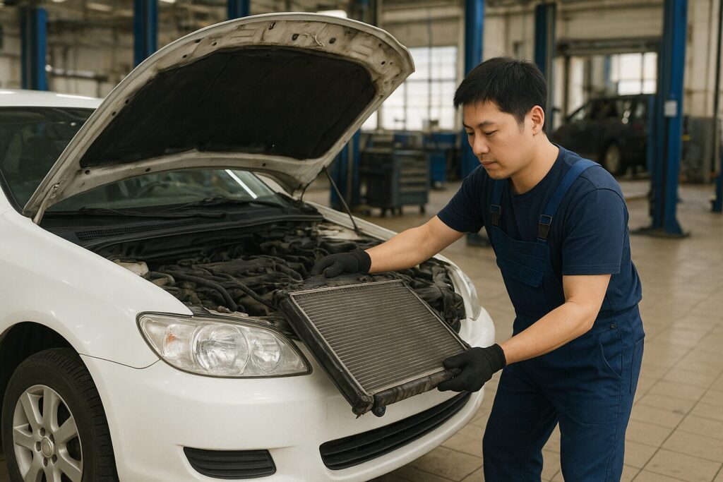 壊れたラジエターを交換する整備士