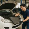 ラジエターを車から取り出す整備士