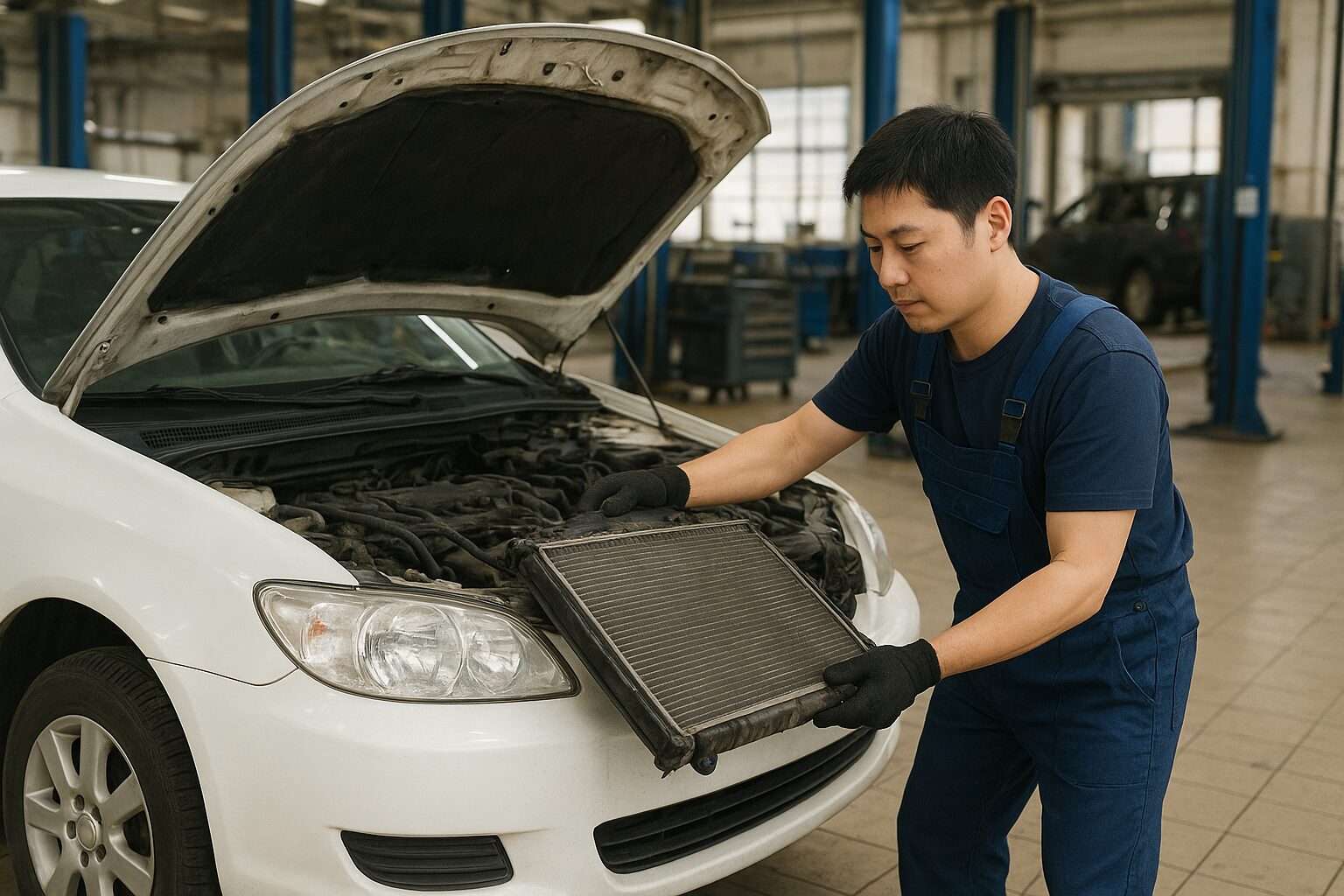 ラジエターを車から取り出す整備士