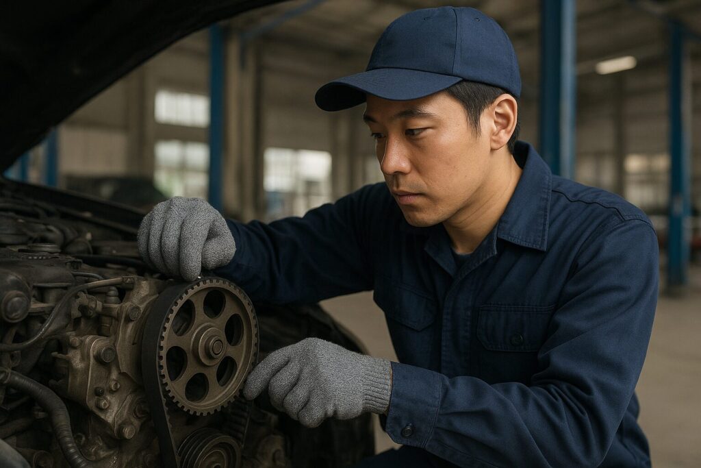 タイミングベルトを交換する整備士