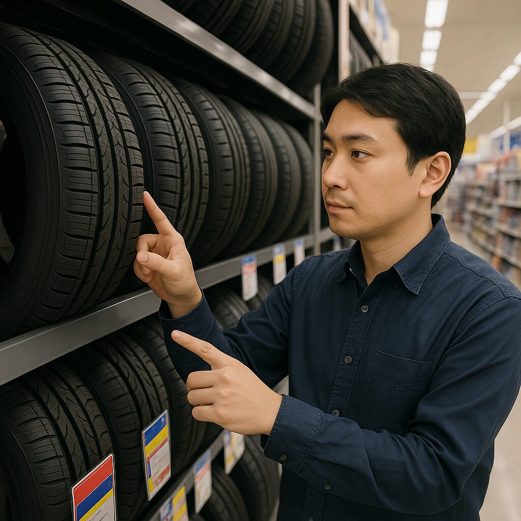 大手カーショップでタイヤを選ぶ