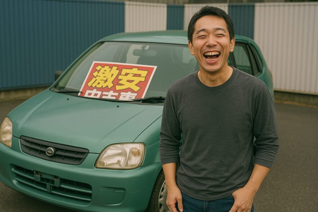 激安中古車の前で笑う男