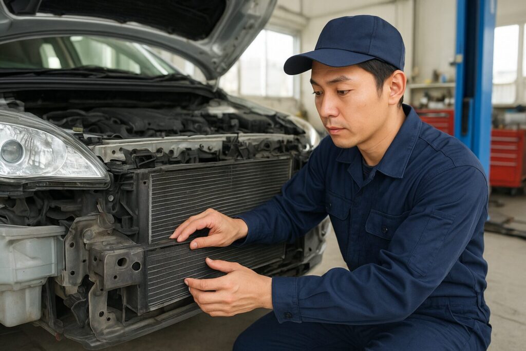 ラジエターフィンをチェックする整備士