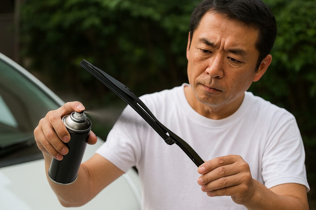 サビたワイパーにブラック塗装スプレーをかける