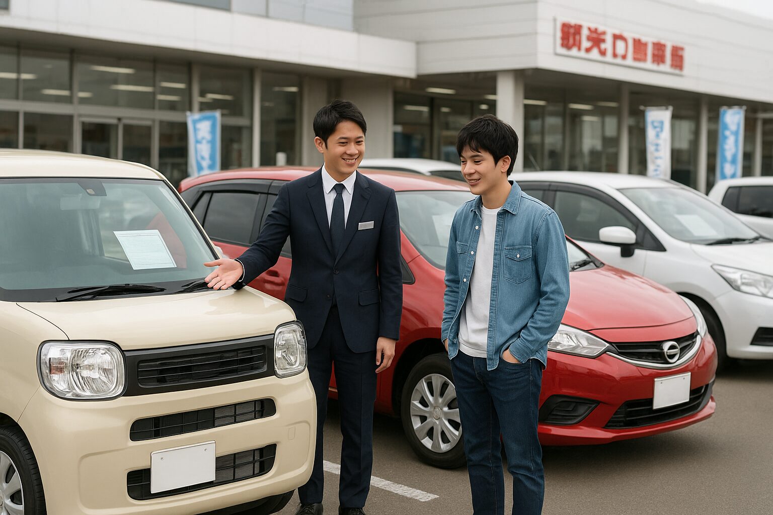 中古車販売店で販売員から説明を受ける若い男