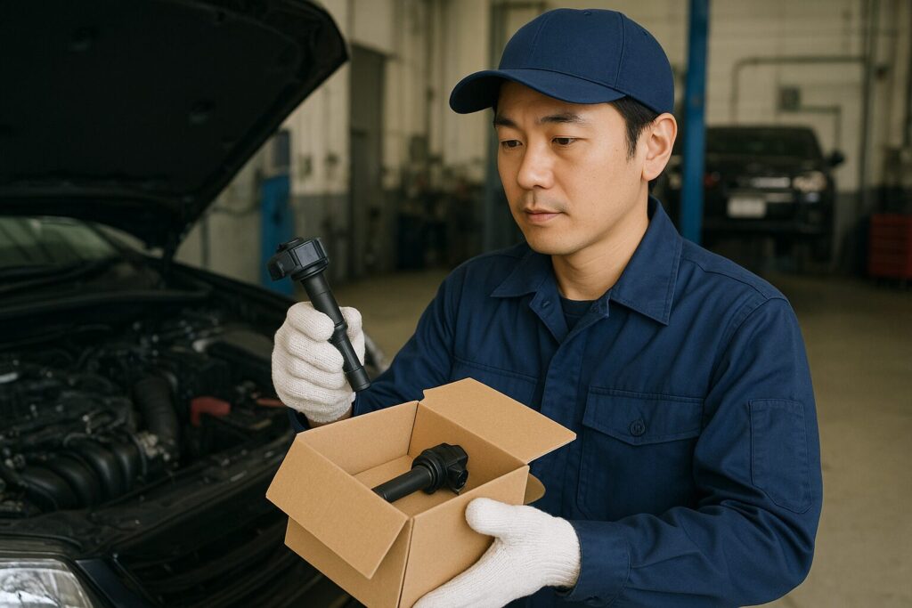 新品のイグニッションコイルを箱から取り出す整備士