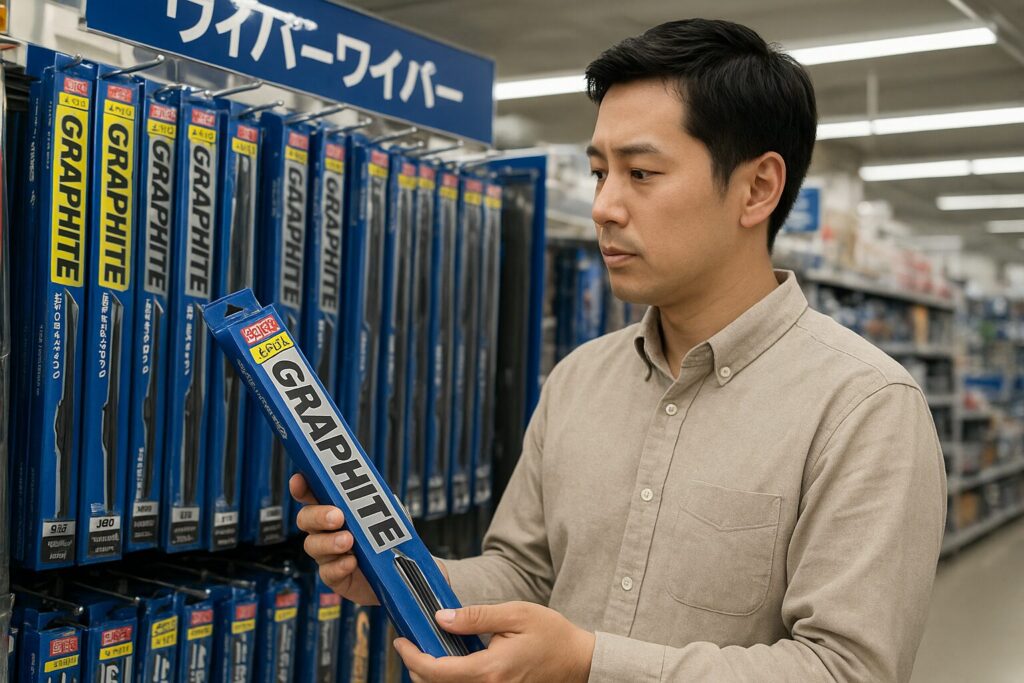 大手カー用品店でワイパーを見比べる男
