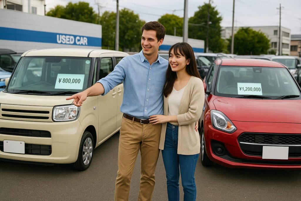中古車販売店で自動車を比較する若い男女
