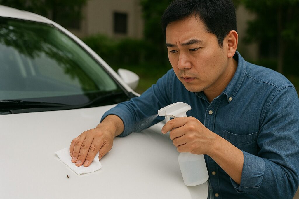 白い車のボンネットに付いた虫を除去スプレーと布で落とす男