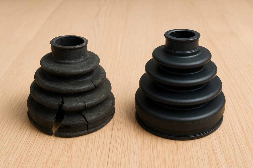破れたドライブシャフトブーツと新品のドライブシャフトブーツを並べている