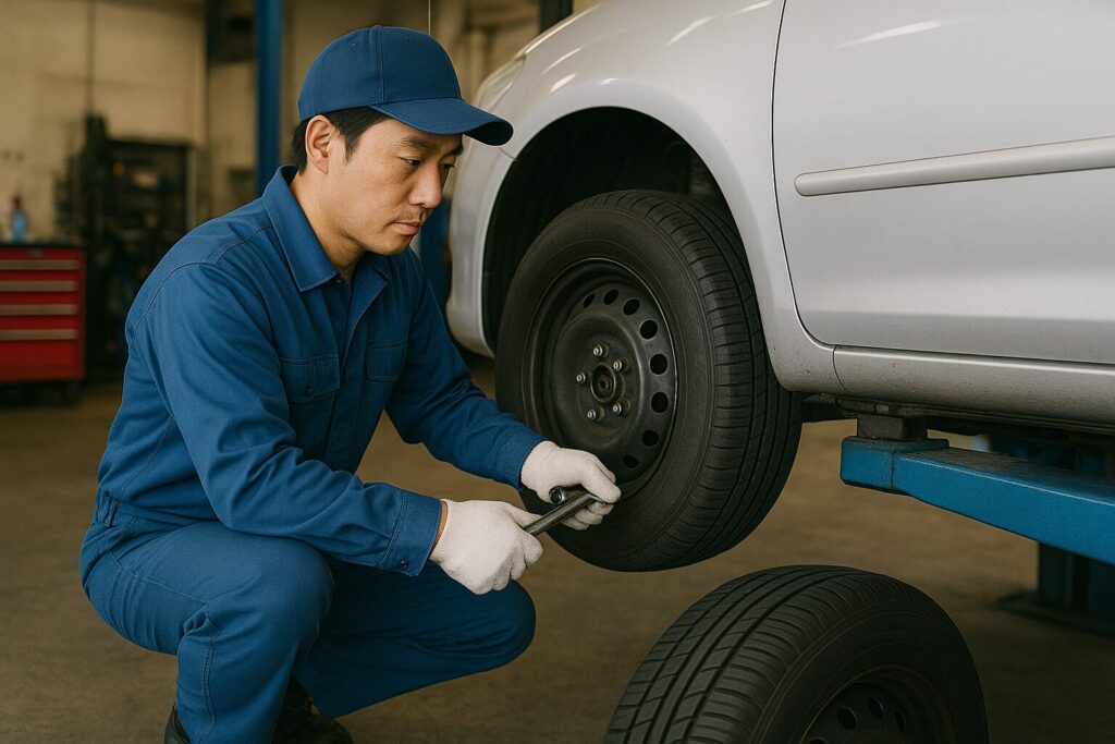 車の前輪をチェックする整備士
