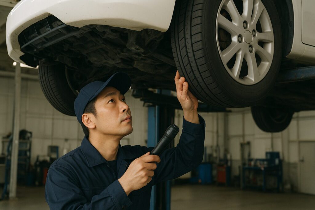 車をリフトアップして前輪を点検する整備士